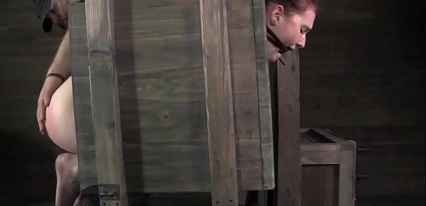  Redhead sub caned while tiedup in box